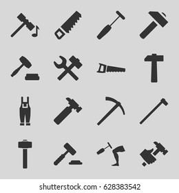 Hammer icons set. set of 16 hammer filled icons such as saw, hummer, gardener jumpsuit, auction, wrench hummer