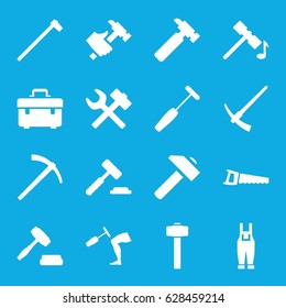 Hammer icons set. set of 16 hammer filled icons such as toolbox, hummer, saw, gardener jumpsuit, auction, wrench hummer