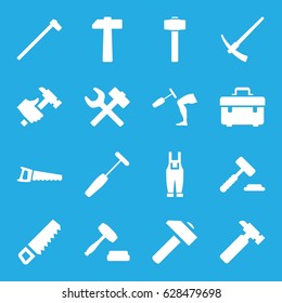 Hammer icons set. set of 16 hammer filled icons such as saw, toolbox, hummer, gardener jumpsuit, auction, wrench hummer