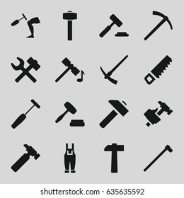 Hammer icons set. set of 16 hammer filled icons such as saw, hummer, gardener jumpsuit, auction, wrench hummer