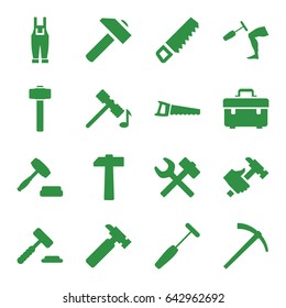 Hammer icons set. set of 16 hammer filled icons such as saw, toolbox, hummer, gardener jumpsuit, auction, wrench hummer