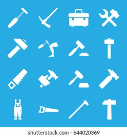 Hammer icons set. set of 16 hammer filled icons such as saw, toolbox, hummer, gardener jumpsuit, auction, wrench hummer