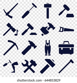 Hammer icons set. set of 16 hammer filled icons such as toolbox, hummer, saw, gardener jumpsuit, auction, wrench hummer