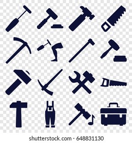 Hammer icons set. set of 16 hammer filled icons such as saw, toolbox, hummer, gardener jumpsuit, auction, wrench hummer
