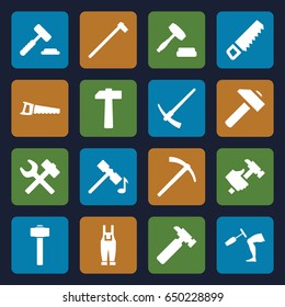 Hammer icons set. set of 16 hammer filled icons such as saw, hummer, gardener jumpsuit, auction, wrench hummer