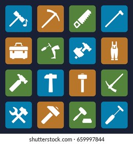 Hammer icons set. set of 16 hammer filled icons such as saw, toolbox, hummer, gardener jumpsuit, auction