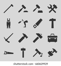 Hammer icons set. set of 16 hammer filled icons such as saw, toolbox, hummer, gardener jumpsuit, auction, wrench hummer