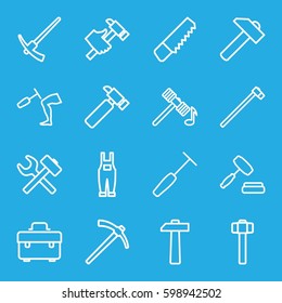 hammer icons set. Set of 16 hammer outline icons such as saw, toolbox, hummer, gardener jumpsuit, auction