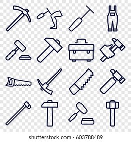 Hammer icons set. set of 16 hammer outline icons such as saw, toolbox, hummer, gardener jumpsuit, auction