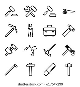 Hammer icons set. set of 16 hammer outline icons such as saw, toolbox, hummer, gardener jumpsuit, auction, auction hummer