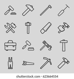 Hammer icons set. set of 16 hammer outline icons such as saw, toolbox, hummer, gardener jumpsuit, auction, auction hummer