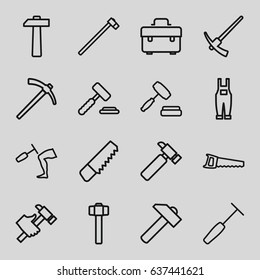 Hammer icons set. set of 16 hammer outline icons such as saw, toolbox, hummer, gardener jumpsuit, auction