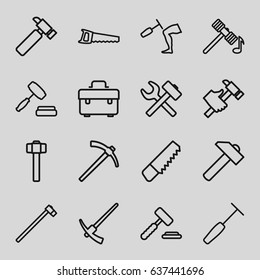 Hammer icons set. set of 16 hammer outline icons such as saw, toolbox, hummer, auction, auction hummer