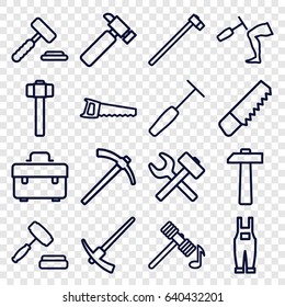 Hammer icons set. set of 16 hammer outline icons such as saw, toolbox, hummer, gardener jumpsuit, auction, auction hummer