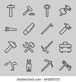 Hammer icons set. set of 16 hammer outline icons such as saw, toolbox, hummer, gardener jumpsuit, auction hummer
