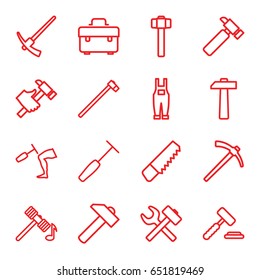 Hammer icons set. set of 16 hammer outline icons such as saw, toolbox, hummer, gardener jumpsuit, auction hummer