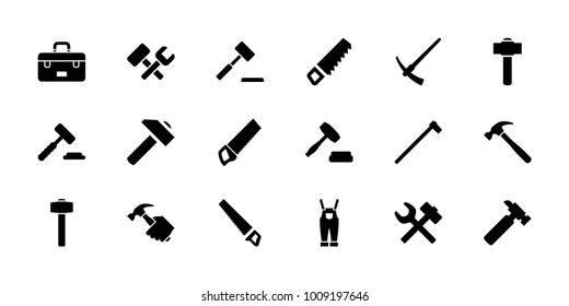 Hammer icons. set of 18 editable filled hammer icons: saw, hummer, auction hummer, wrench hummer, auction, toolbox