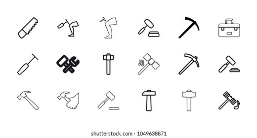 Hammer icons. set of 18 editable outline hammer icons: saw, auction hummer, auction, toolbox, hummer