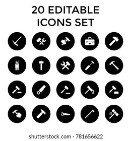 Hammer icons. set of 20 editable filled hammer icons such as saw, hummer, auction hummer, wrench hummer, gardener jumpsuit. best quality hammer elements in trendy style.