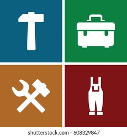 Hammer icons set. set of 4 hammer filled icons such as toolbox, gardener jumpsuit, hammer