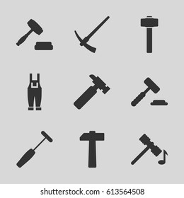 Hammer icons set. set of 9 hammer filled icons such as hummer, gardener jumpsuit, auction