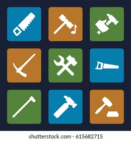 Hammer icons set. set of 9 hammer filled icons such as saw, hummer, auction