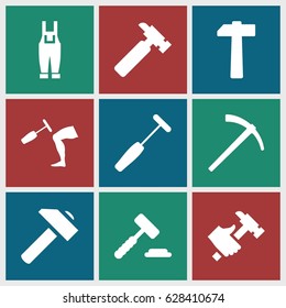 Hammer icons set. set of 9 hammer filled icons such as hummer, gardener jumpsuit