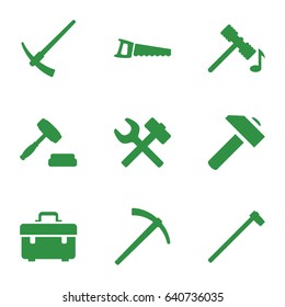 Hammer icons set. set of 9 hammer filled icons such as toolbox, hummer, saw, auction