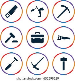 Hammer icons set. set of 9 hammer filled icons such as saw, toolbox