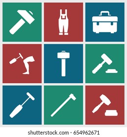 Hammer icons set. set of 9 hammer filled icons such as toolbox, hummer, gardener jumpsuit, auction