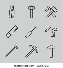 Hammer icons set. set of 9 hammer outline icons such as saw, gardener jumpsuit