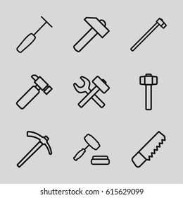 Hammer icons set. set of 9 hammer outline icons such as saw, hummer, auction
