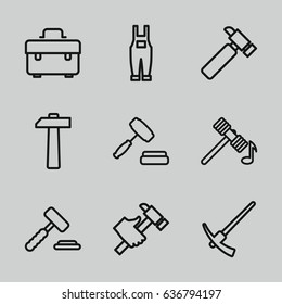 Hammer icons set. set of 9 hammer outline icons such as hammer, toolbox, hummer, gardener jumpsuit, auction