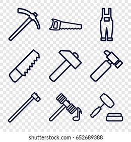 Hammer icons set. set of 9 hammer outline icons such as saw, hummer, gardener jumpsuit