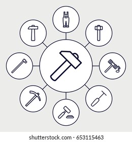 Hammer icons set. set of 9 hammer outline icons such as hummer, gardener jumpsuit