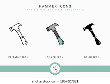 Hammer icons set vector illustration with solid icon line style. Carpenter tool building concept. Editable stroke icon on isolated background for web design, user interface, and mobile application