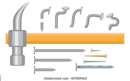 Hammer and Iron nails different types and size isolated on white. Vector illustration