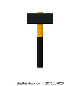 Hammer. Iron of sledge. Big wooden sledgehammer with handle. Icon of tool. Mallet for carpenter, repair and mason. Hammer for construction of house. Illustration for building. Sledge isolated. Vector.