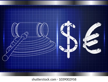 hammer of a judge, dollar and euro on a blue background