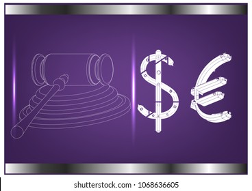 hammer of a judge, dollar and euro on a purple background