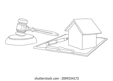 Hammer Of Judge And House In Sketch Form, Illustration Of Property Dispute With Legal Settlement In Court