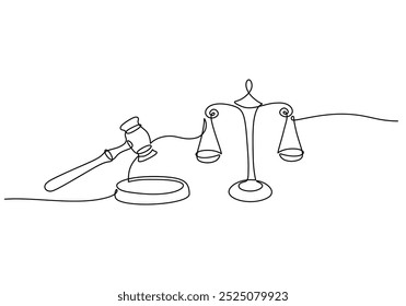 juiz de martelo e escala de justiça contínua um desenho de linha. Conceito de direito e justiça. Plano de fundo minimalista de ilustração vetorial.