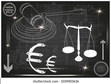 hammer judge, scales of justice and the euro on a gray background