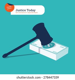 Hammer of justice on a 100 dollar pile. Vector illustration Eps10 file. Global colors. Text and Texture in separate layers.
