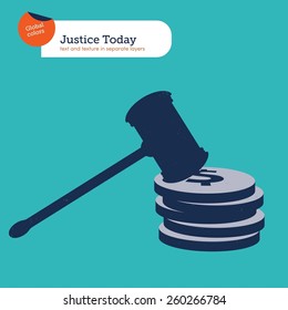 Hammer of justice on a pile of coins. Vector illustration Eps10 file. Global colors. Text and Texture in separate layers.