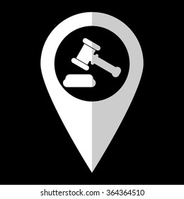 Hammer of justice - white vector icon;  map pointer