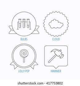 Hammer, lab bulbs and weather cloud icons. Lolly pop linear sign. Award medal, star label and speech bubble designs. Vector