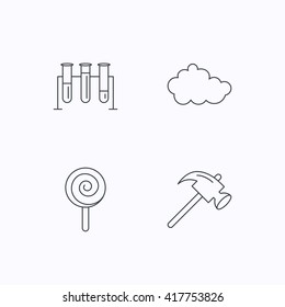 Hammer, lab bulbs and weather cloud icons. Lolly pop linear sign. Flat linear icons on white background. Vector