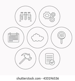 Hammer, lab bulbs and weather cloud icons. Lolly pop linear sign. Check file, calendar and cogwheel icons. Vector