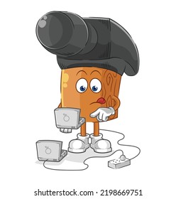 el martillo con mascota para ordenador portátil. vector de dibujos animados